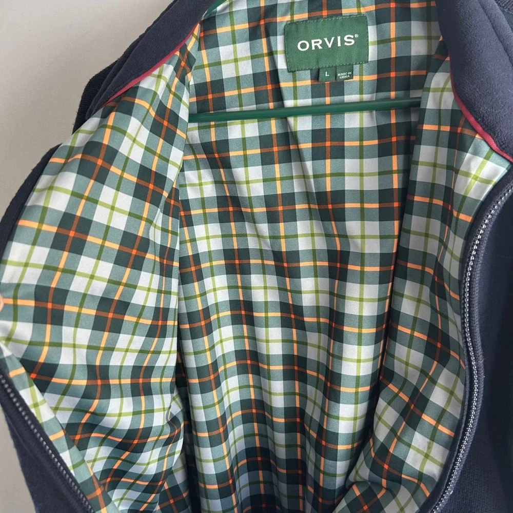 Orvis‎ Foul Weather Large Navy Blue Full Zip Shooting Sweater Plaid Lined Jacket